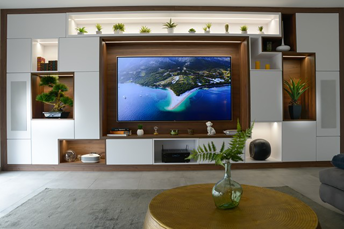 Meuble TV blanc, LED et bois